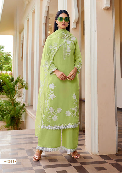 Muslin Kurti Palazzo Dupatta Set with Embroidery and Organza Dupatta for Women – L to 3XL