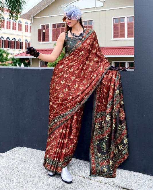Pure Satin Silk Saree with Ajrakh Print – Festival and Traditional Wear Saree for Women