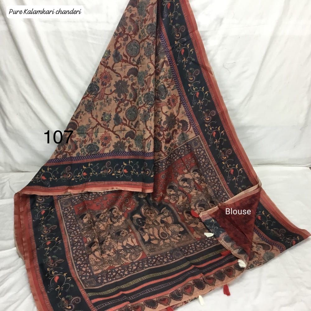Mul Chanderi Cotton Saree with Kalamkari Print, Golden Zari Piping, and Batik Blouse – Ethnic Wear for Women