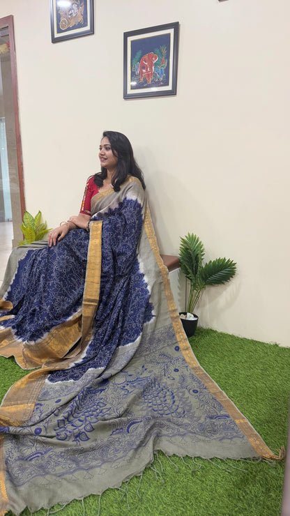 Chennuri Pure Silk Saree with Outline Kalamkari Design and Traditional Kanchi Borders