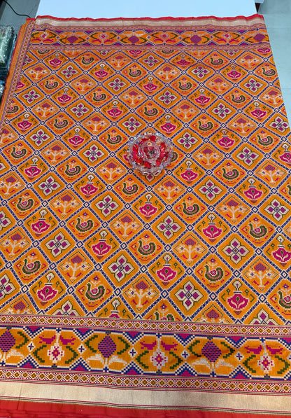 Orange Designer Silk Saree with Heavy Embroidery Work and Unstitched Blouse for Festive and Wedding Wear