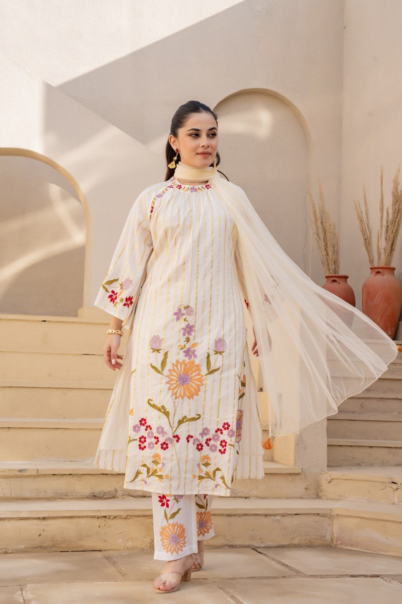 Pure Cotton Embroidered Kurta Pant Dupatta Set for Women – Available in Two Colors