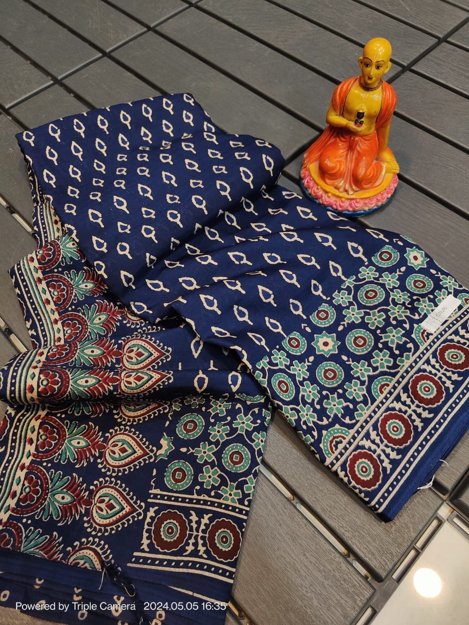 Semi Modal Silk Saree with Hand Block Prints and Contrast Blouse for Women