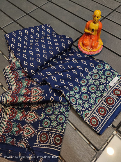 Semi Modal Silk Saree with Hand Block Prints and Contrast Blouse for Women