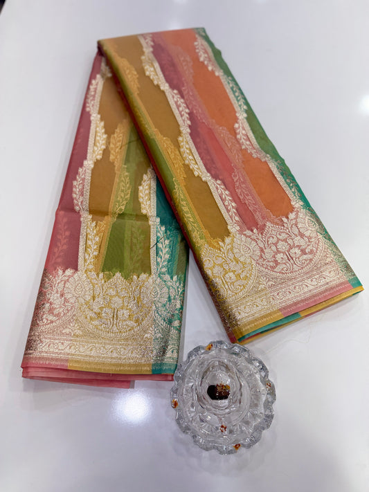 Banarasi handloom kora organza rankaat saree with allover zari stripe weaving and blouse piece