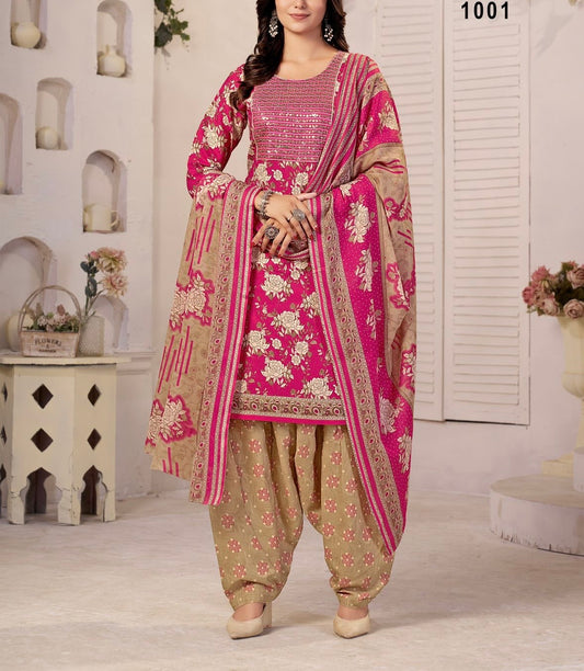 Muska Cotton Embroidered Kurta Patiala Suit Set with Malmal Dupatta for Women