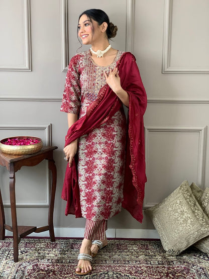 Muslin Embroidered Kurti Pant Set with Chanderi Dupatta for Women – Festive Wear