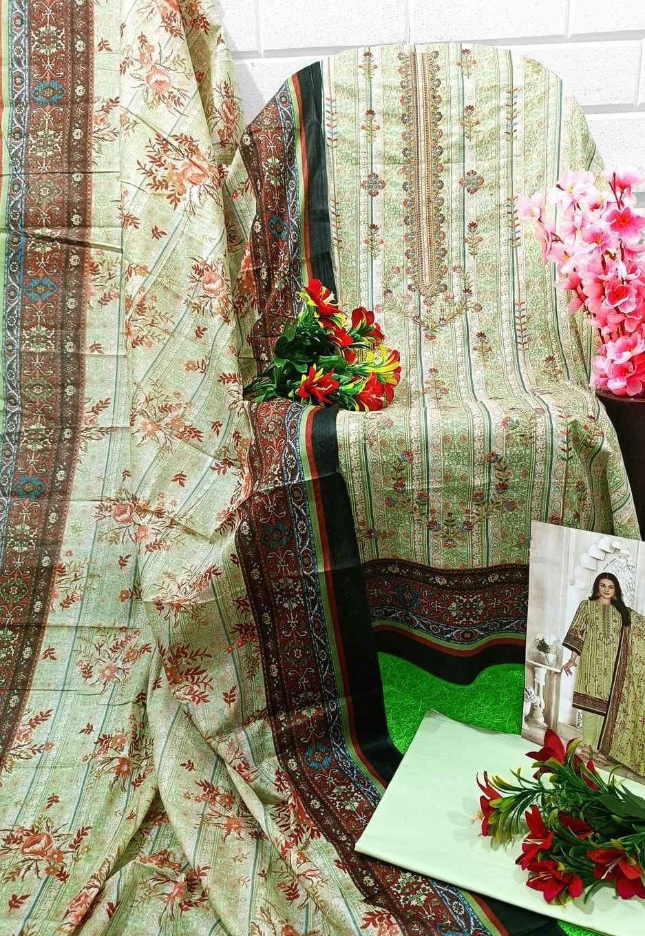 Unstitched Pure Cotton Cambric Suit Material with Self Embroidery and Mal Mal Dupatta