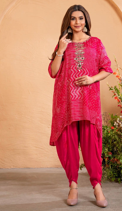 Kaftan Kurti with Tulip Pant in Pure Dola Silk with Manual Mirror Embroidery for Women