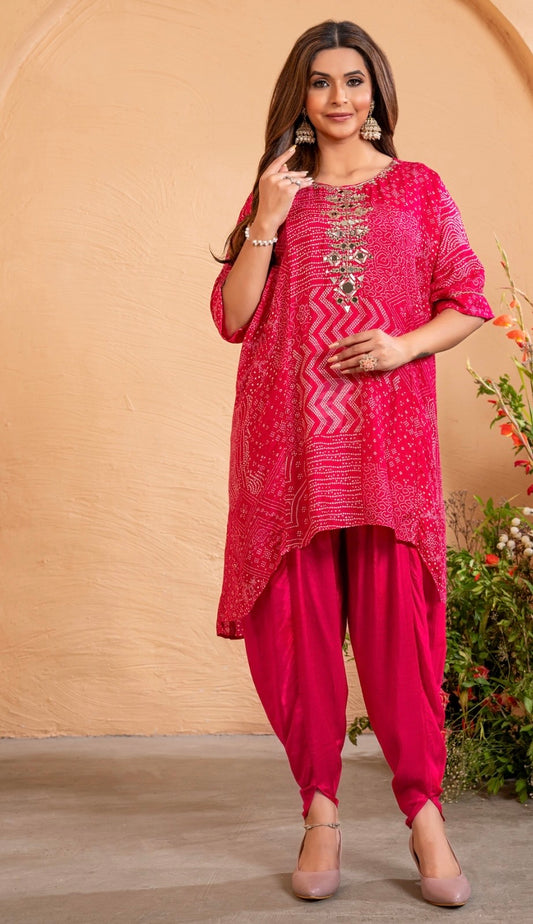 Kaftan Kurti with Tulip Pant in Pure Dola Silk with Manual Mirror Embroidery for Women