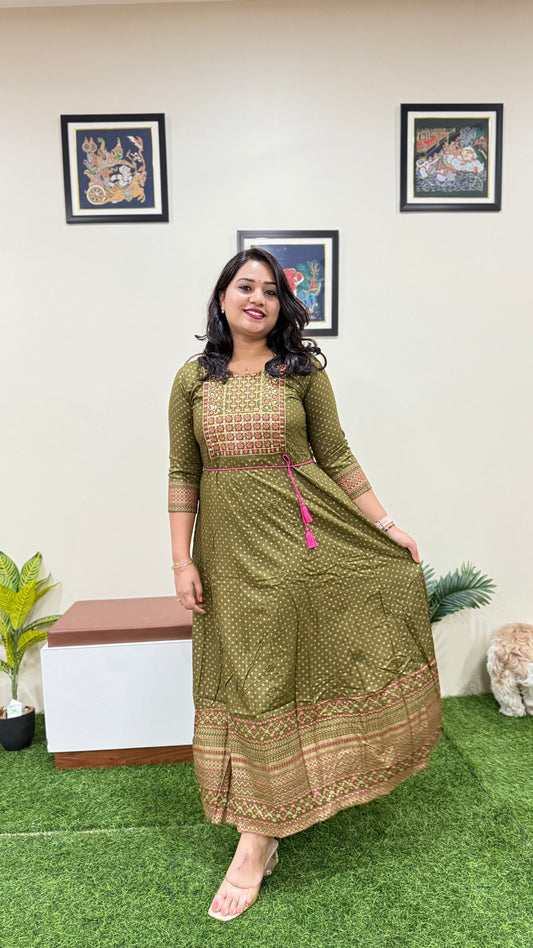 Rayon Foil Print Anarkali Gown with Embroidered Neck and Belt – Liva Tag – Sizes M to 3XL