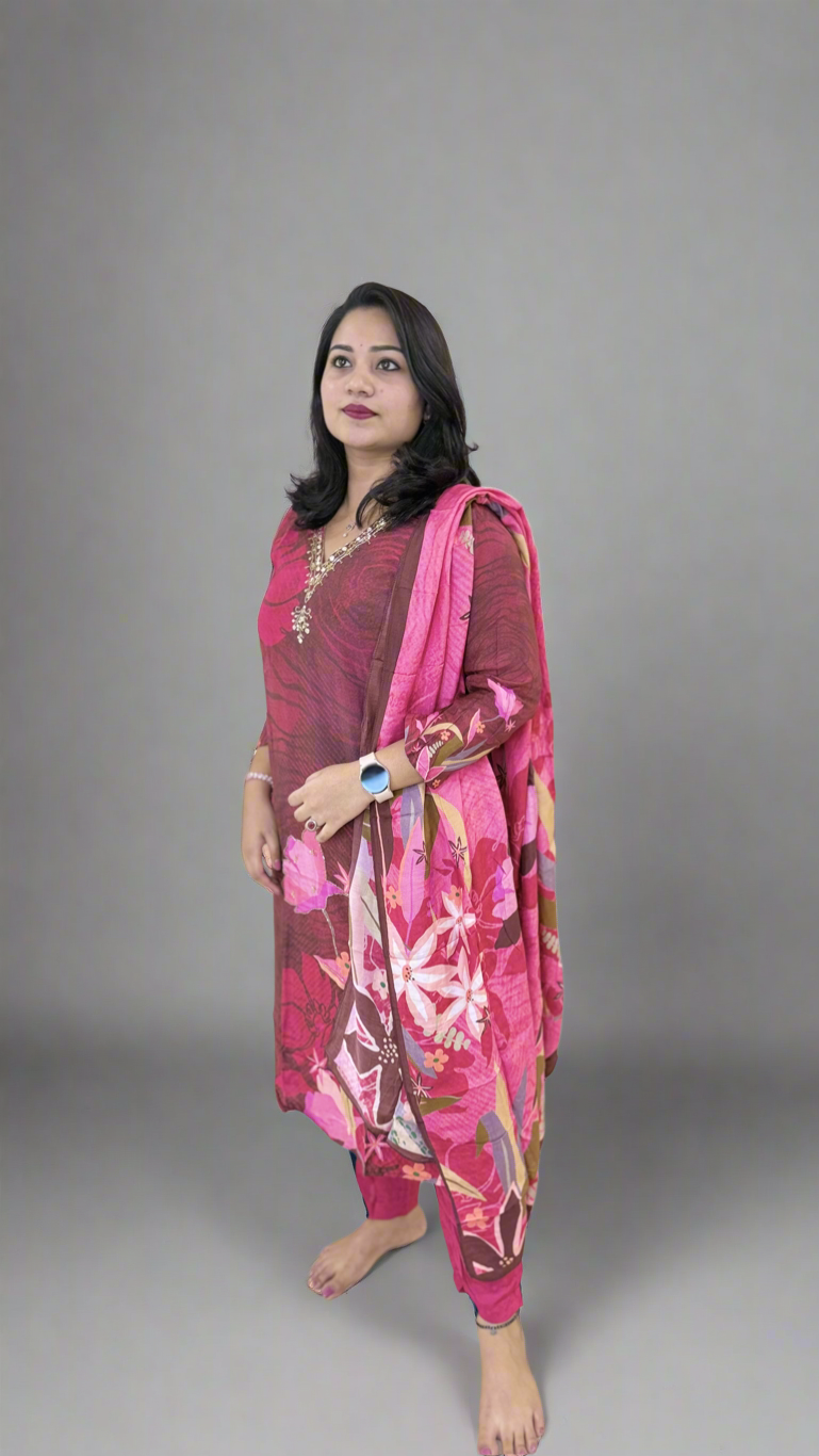 Pure Muslin Kurta Pant Dupatta Set with Handwork and Cotton Inner – Plus Sizes XL to 3XL