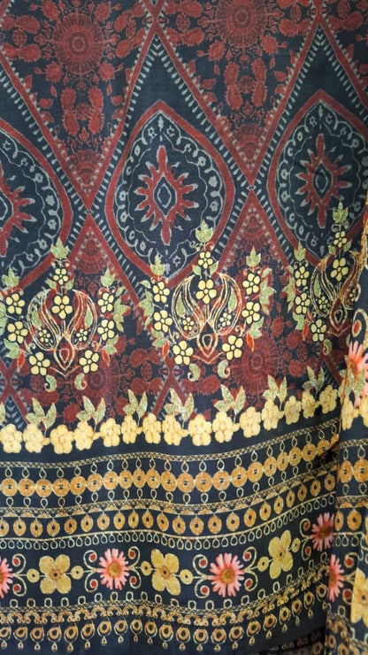 Premium Crepe Ajrakh Print Style Cord Set with Tassel Detailing for Women – Sizes 38 to 44