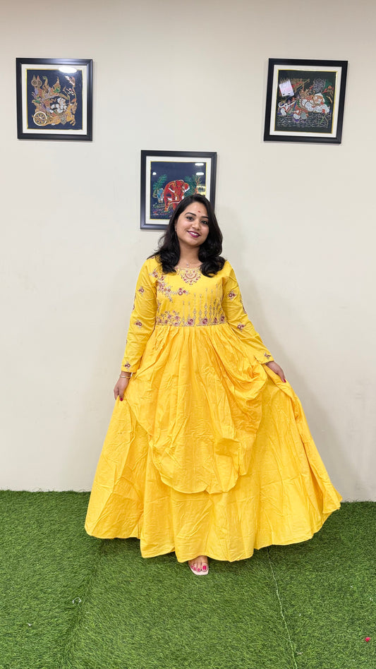 Muslin Silk Embroidered Gown for Women with Handwork and Malai Crepe Inner – 56+ Inch Length