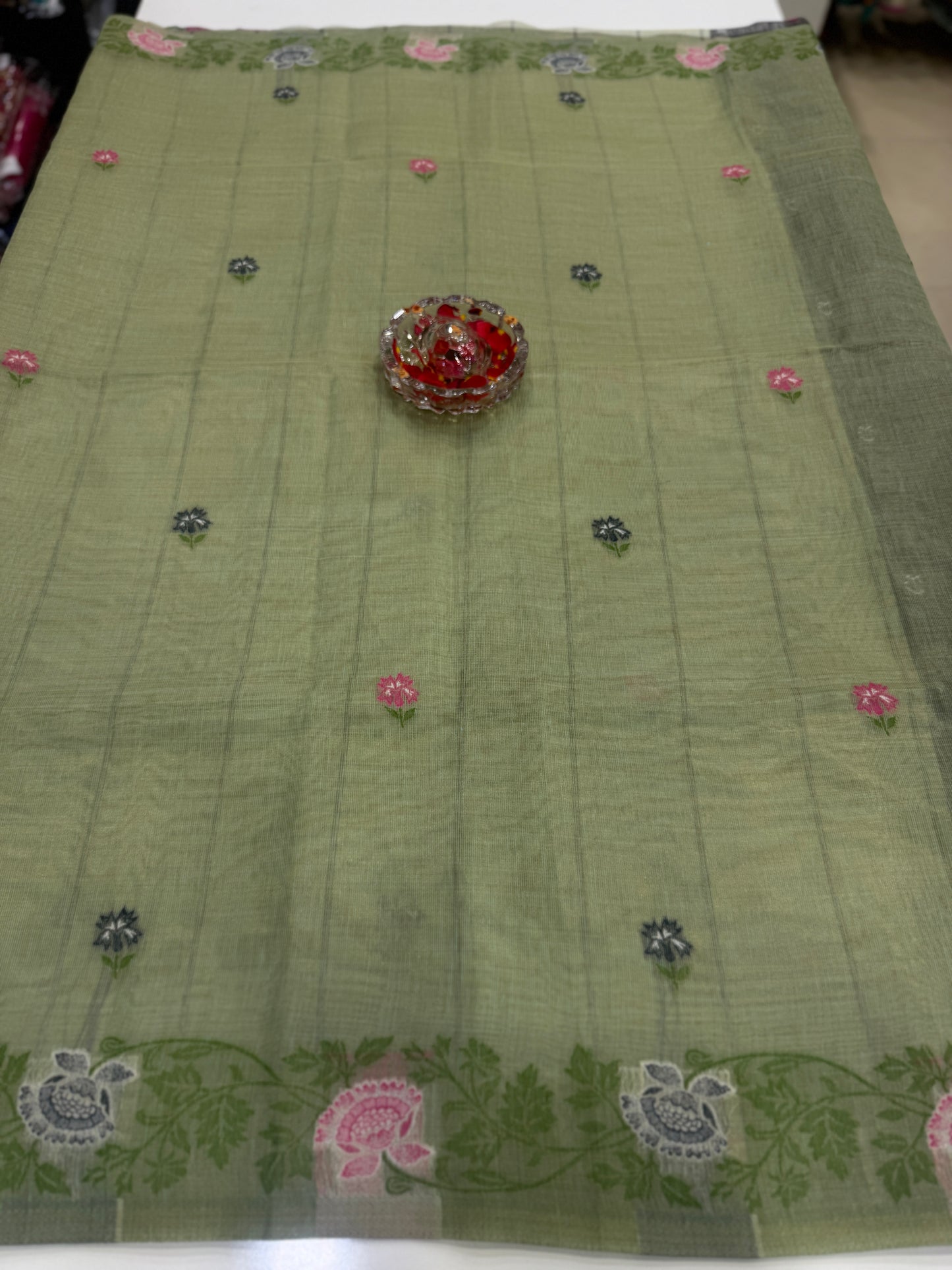 Tissue chanderi saree with floral border and tassel pallu, pastel printed saree for women