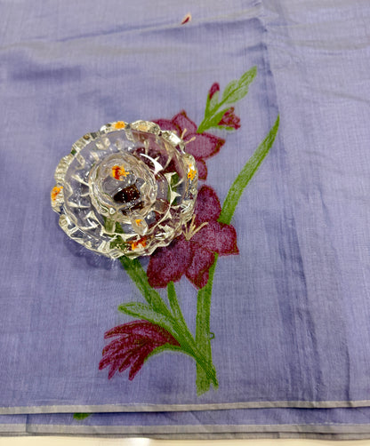 Lavender blue woven viscose saree in kora silk style with tassel pallu and embroidered blouse fabric