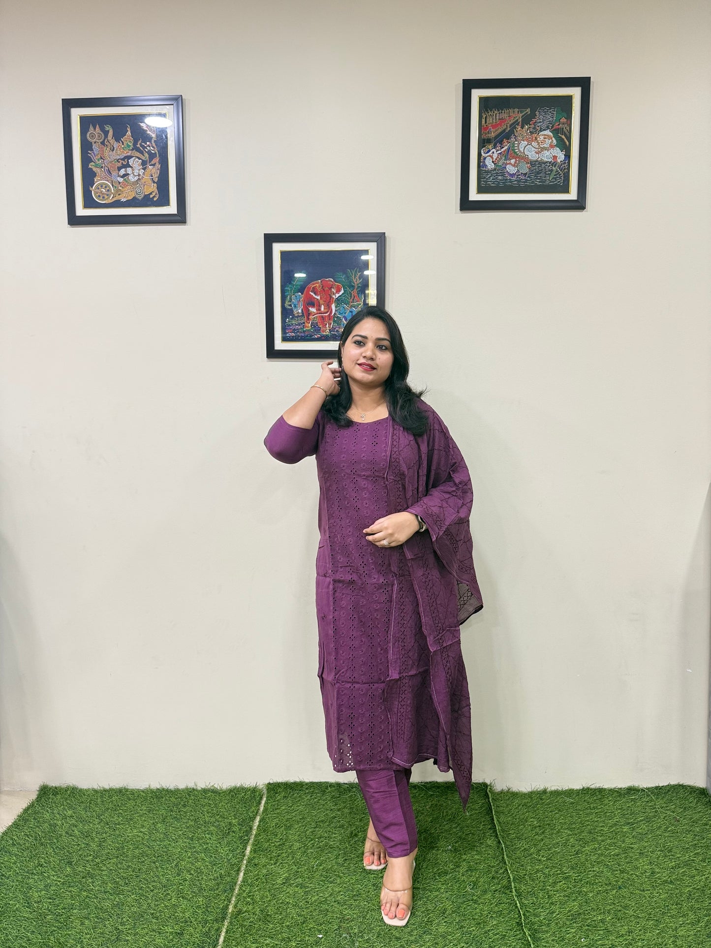 Schiffli Cotton Kurti Pant Dupatta Set for Women – Embroidered 3-Piece Ethnic Wear – Sizes 38 to 46