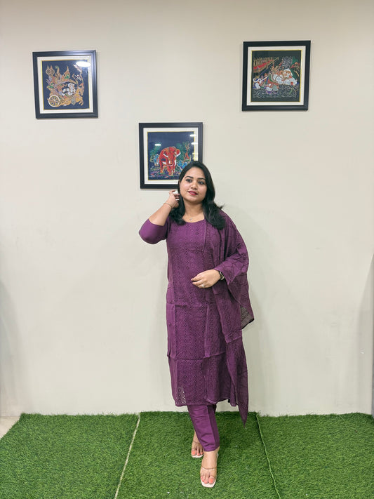 Schiffli Cotton Kurti Pant Dupatta Set for Women – Embroidered 3-Piece Ethnic Wear – Sizes 38 to 46