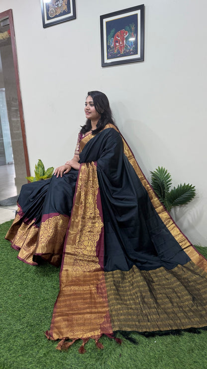 Kanjivaram Narayanpeth Silk Saree with Mor Designer Border and Contrast Pallu – With Blouse Piece