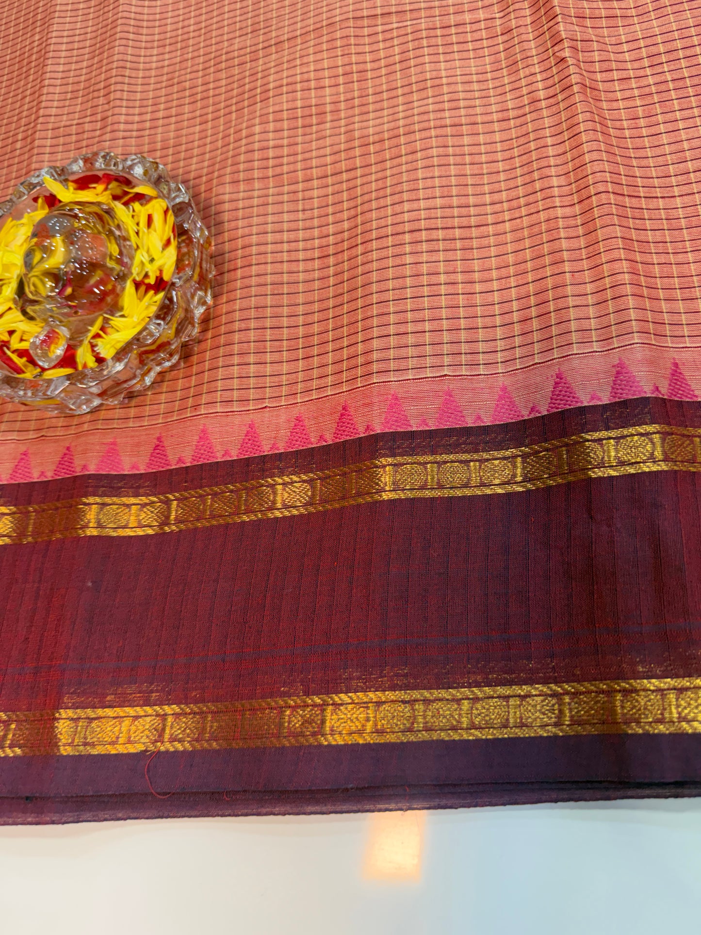 Kanchi cotton saree with checked putta design and zari thread border, 6.2m with running blouse, women’s traditional saree