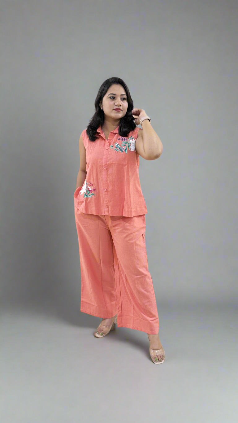 Handmade embroidery cotton co-ord set for women with plazo pants and pockets – ethnic casual wear