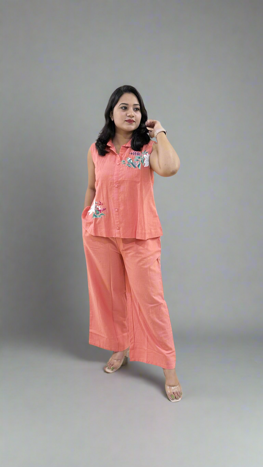 Handmade embroidery cotton co-ord set for women with plazo pants and pockets – ethnic casual wear