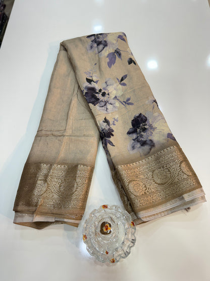 Russian Viscose Crepe Silk Chittpallu Saree with Heritage Print and Zari Border for Women