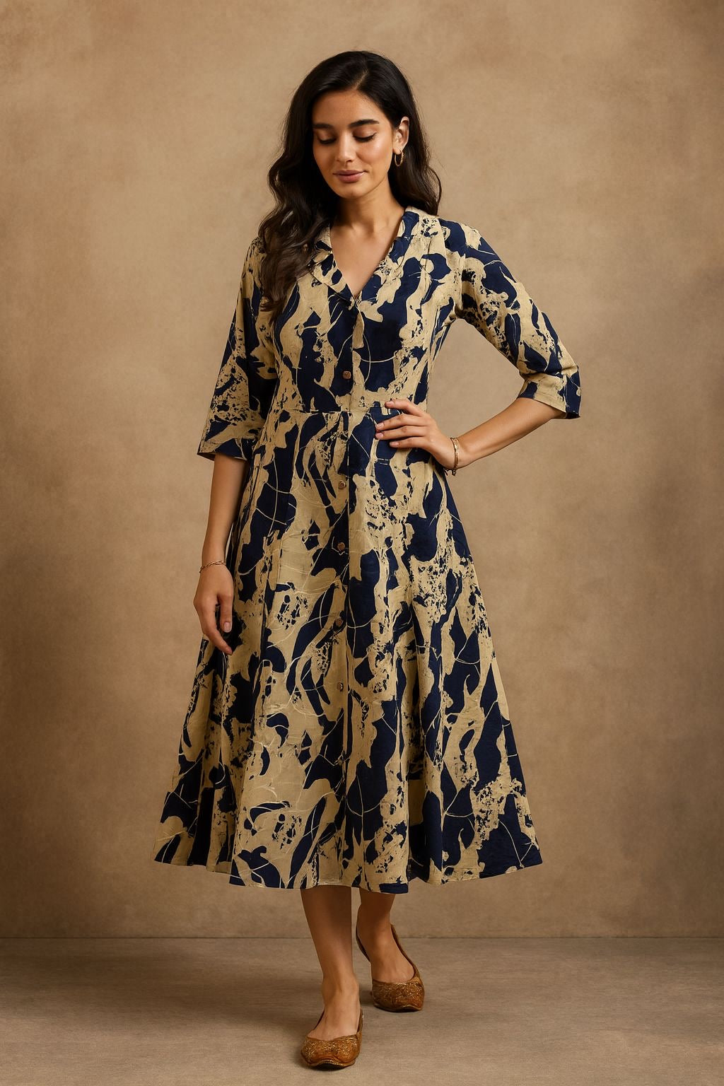 Women’s cotton A-line dress with abstract navy–beige print, button-down front and 3/4 sleeves, size 38–46