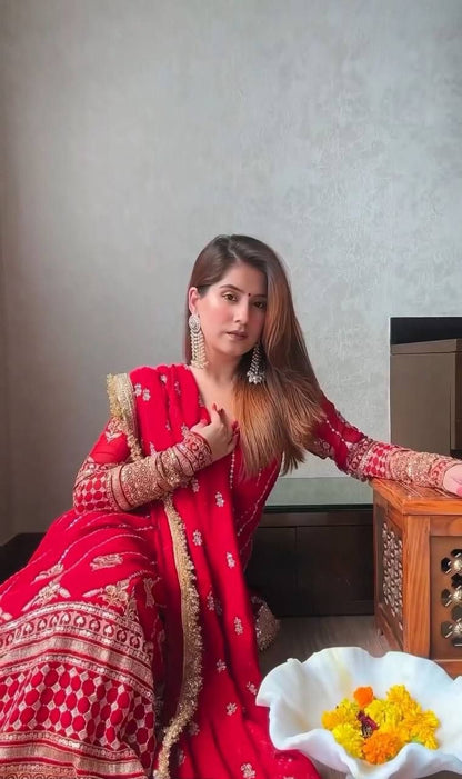 Red Georgette Slit Suit Set for Women with Dupatta and Bottom – Embellished Details – Sizes S to XXL