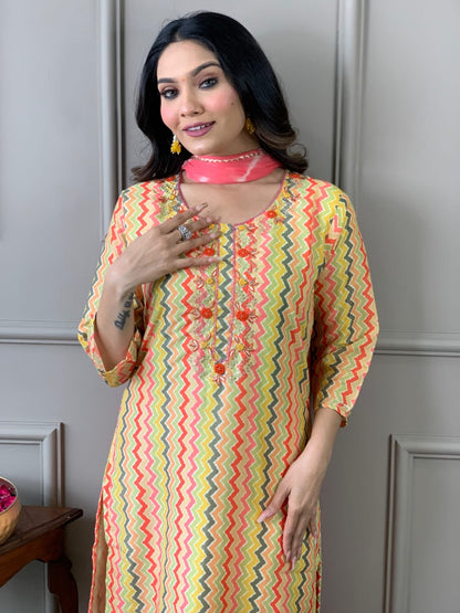 Chanderi Silk Printed Kurta Pant Set with Embroidery and Chiffon Dupatta for Women