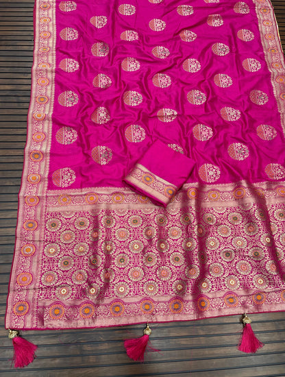 Banarasi Dola Silk Saree with Meenakari Jaal Weaving, Zari Pallu, and Butti Blouse – Royal Splendor Collection