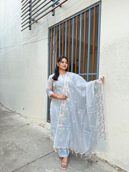 Kota Doria Embroidered Suit Set with Dupatta for Women – Light Grey, Kurta Pant Dupatta
