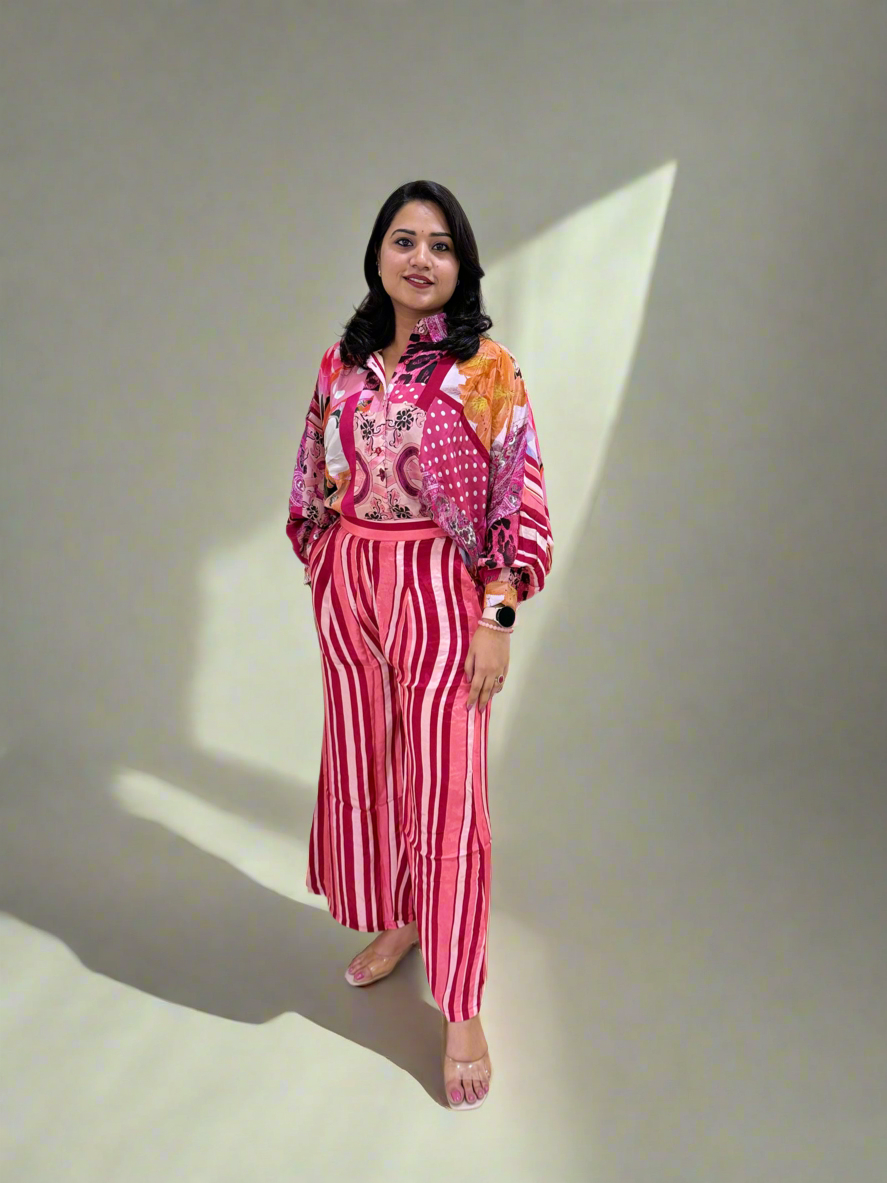 Viscose Crepe Digitally Printed Top with Matte Satin Digitally Printed Bottom – Women’s Fusion Wear Set (L to 2XL)