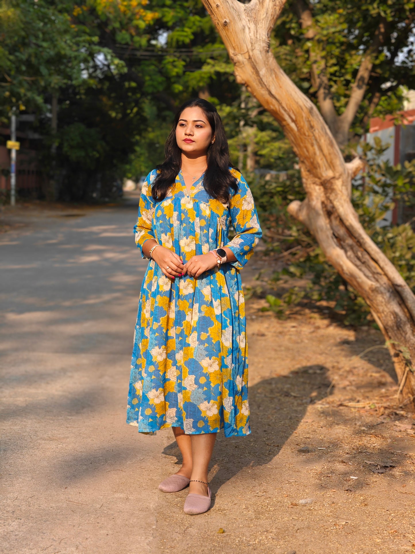 Women’s Blue Chiffon Lurex Floral Printed Flared Dress – Casual & Summer Wear