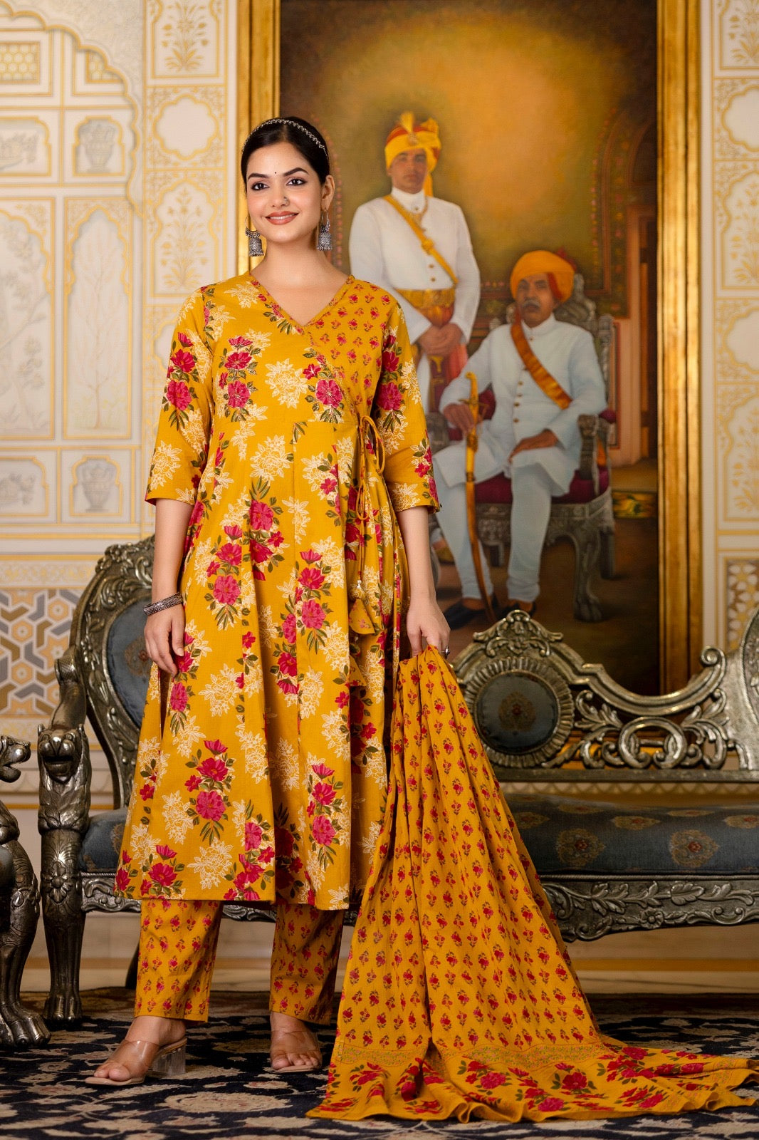 Women’s flared printed cotton kurta pant dupatta set with zari embroidery – festive ethnic wear