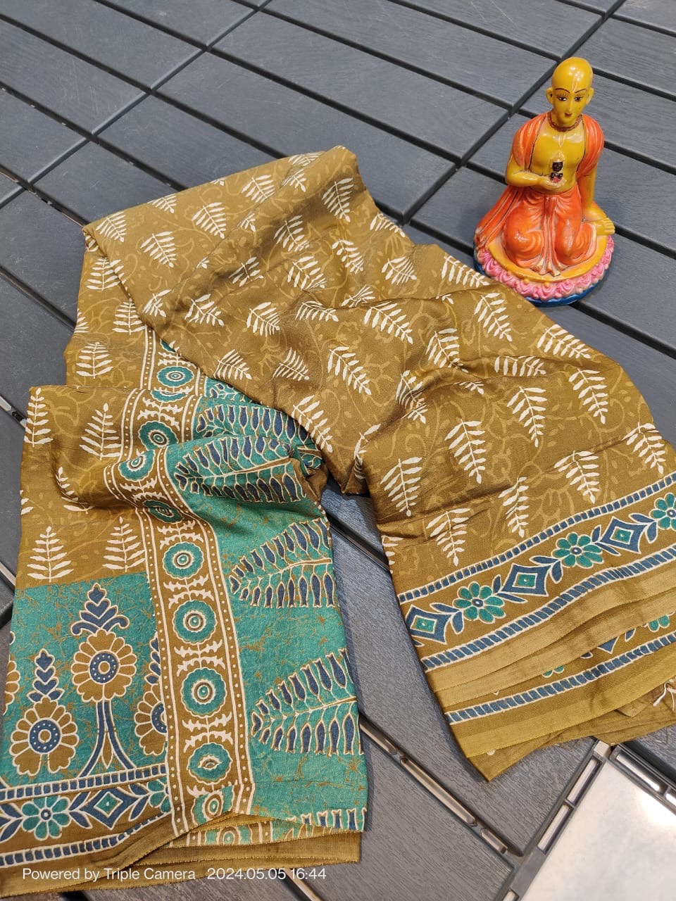 Semi Modal Silk Saree with Hand Block Prints and Contrast Blouse for Women