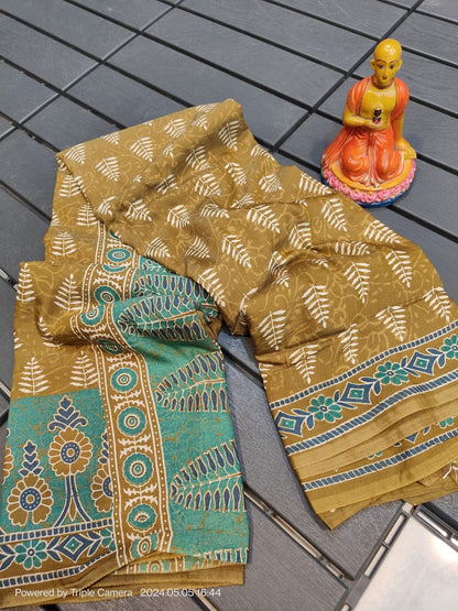 Semi Modal Silk Saree with Hand Block Prints and Contrast Blouse for Women