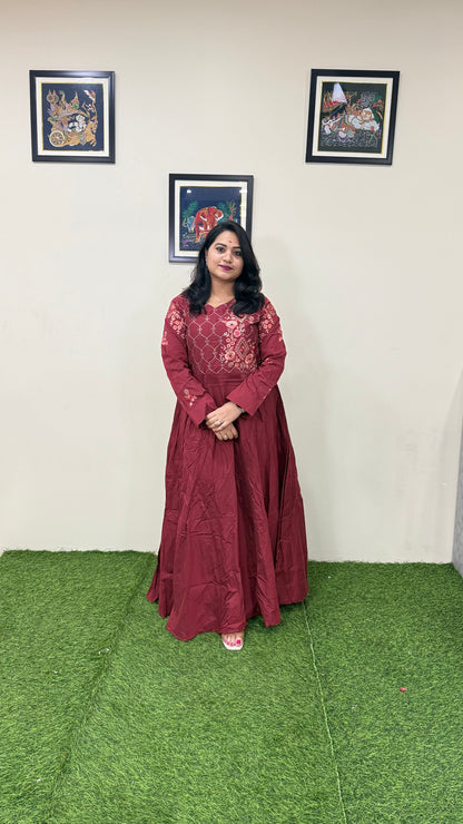 Muslin Silk Embroidered Gown for Women with Handwork and Malai Crepe Inner – 56+ Inch Length