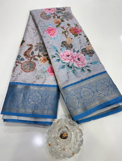 Printed handloom georgette saree for women with woven border and floral design