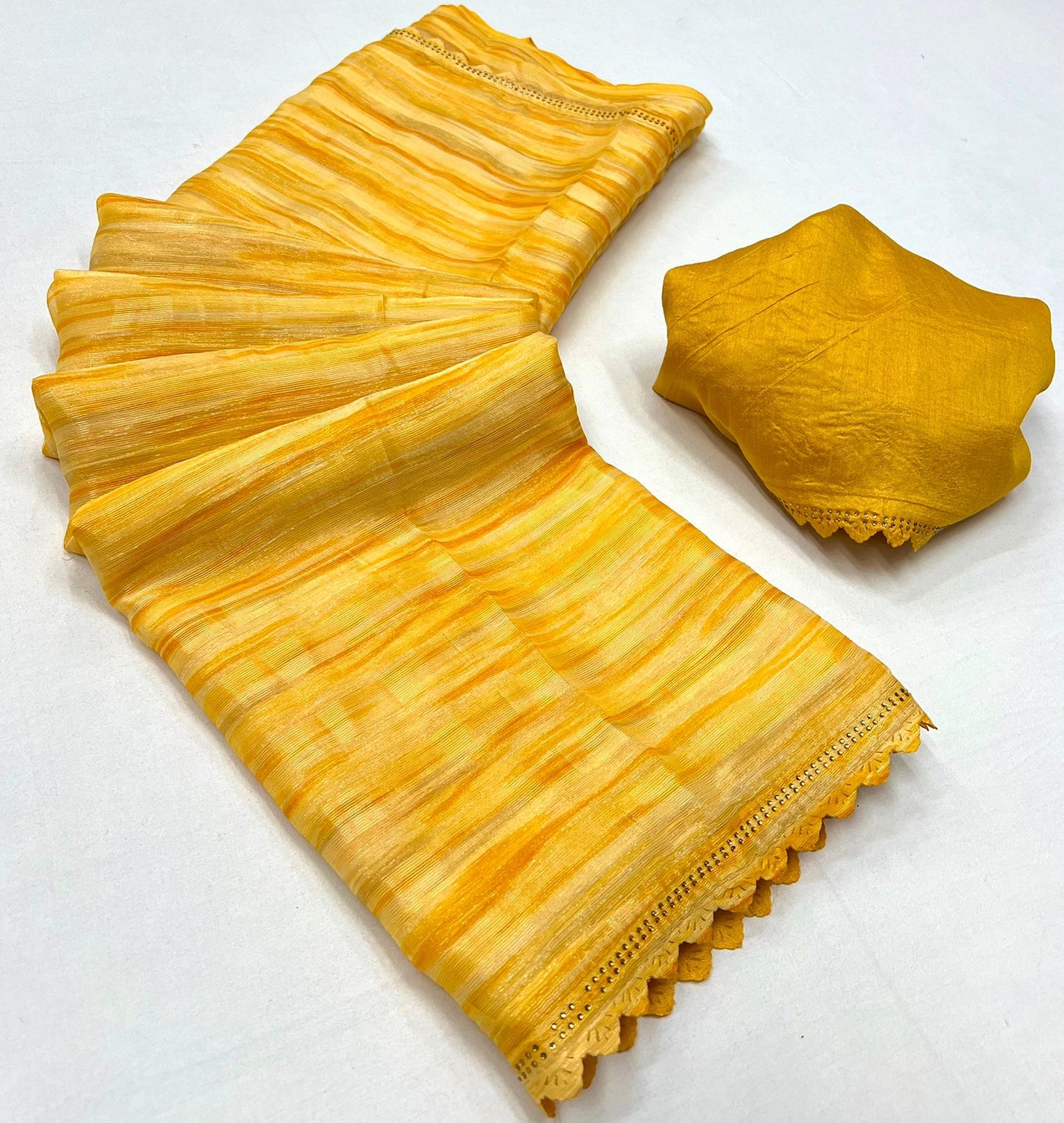 Stunning Gold Georgette Saree with Weaving Zari Sibori Print and Siroski Cutwork Border