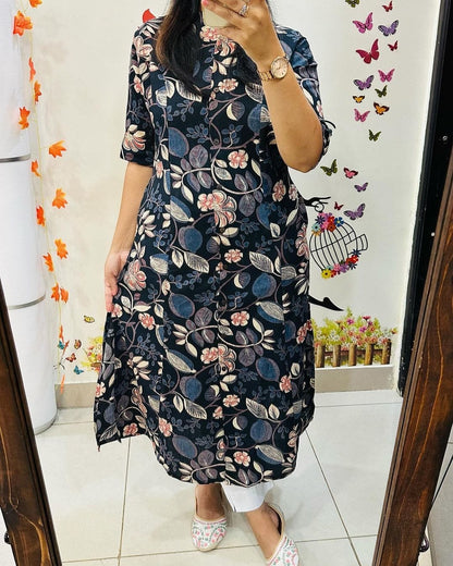 Discharge print fine cotton A-line kurti with ankle-length pant set for women – M to XXL sizes