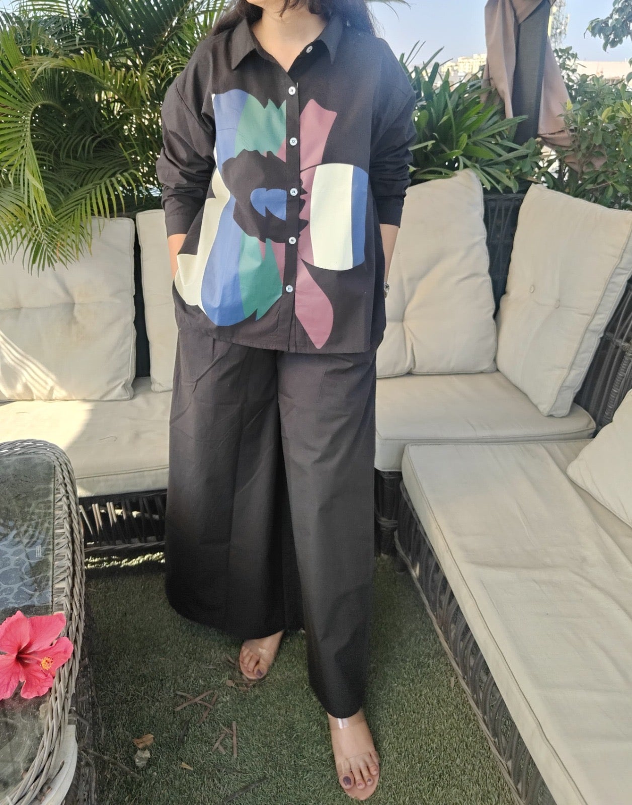 Premium Poplin Co-ord Set for Women with Abstract Print Shirt and Wide-Leg Pants – Smart Casual Outfit