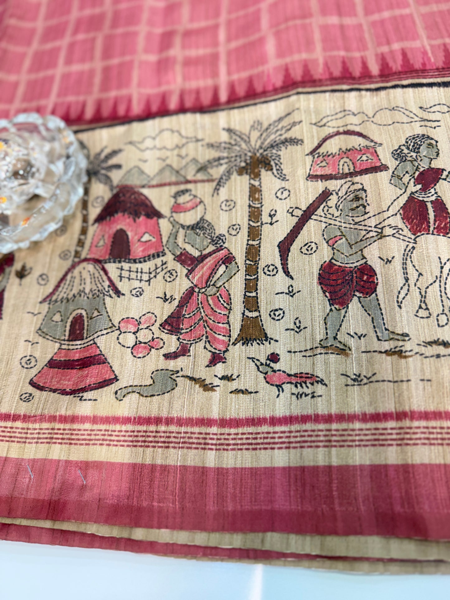 Spider Silk Saree with Folk Art Print Border and Tassel Pallu