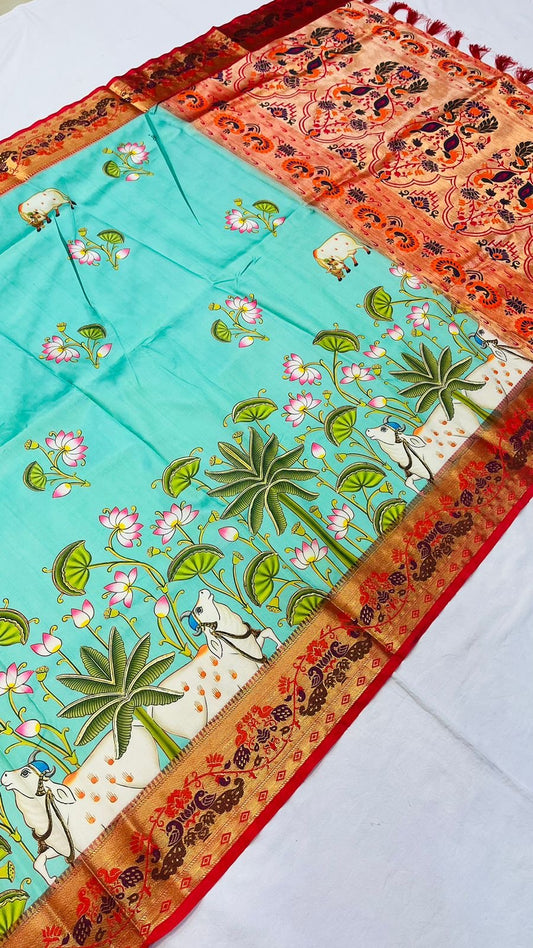 Soft Paithani Silk Saree with Block Print, Zari Weaving and Ombre Pallu – Party and Festive Wear