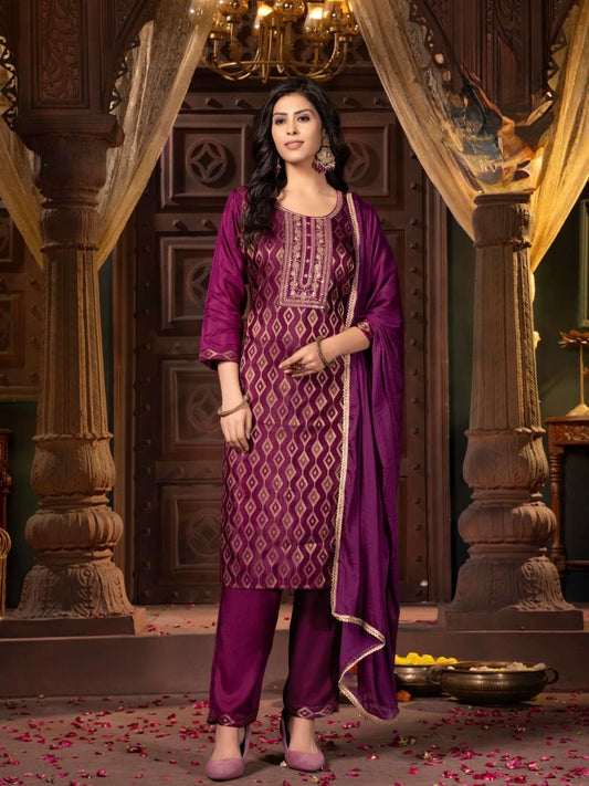 Russian Silk Jacquard Kurta Pant Dupatta Set with Chinon Dupatta – Plus Sizes XL to 3XL