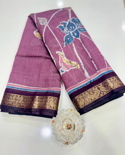 Chennuri silk style printed saree with traditional artwork border and unstitched blouse fabric for women