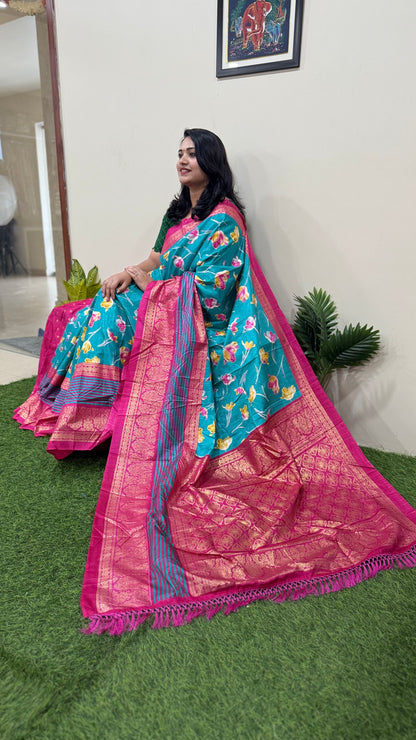 Dola Silk Saree with Kalamkari Patola Digital Print and Gold Zari Foil Border