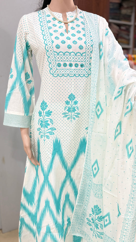 Cotton kurta pant dupatta set for women with lining, printed ethnic 3 piece suit set, sizes 38 to 46