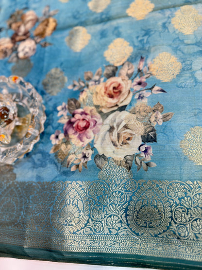 Bamboo Silk Floral Printed Saree with Rich Decorative Pallu, All Over Rich Butti Weaving