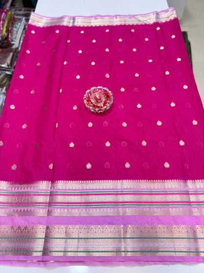 Banarasi Semi-Georgette Silk Saree with Gold Zari Weaving and Meenakari Border – Traditional Festive Saree for Women
